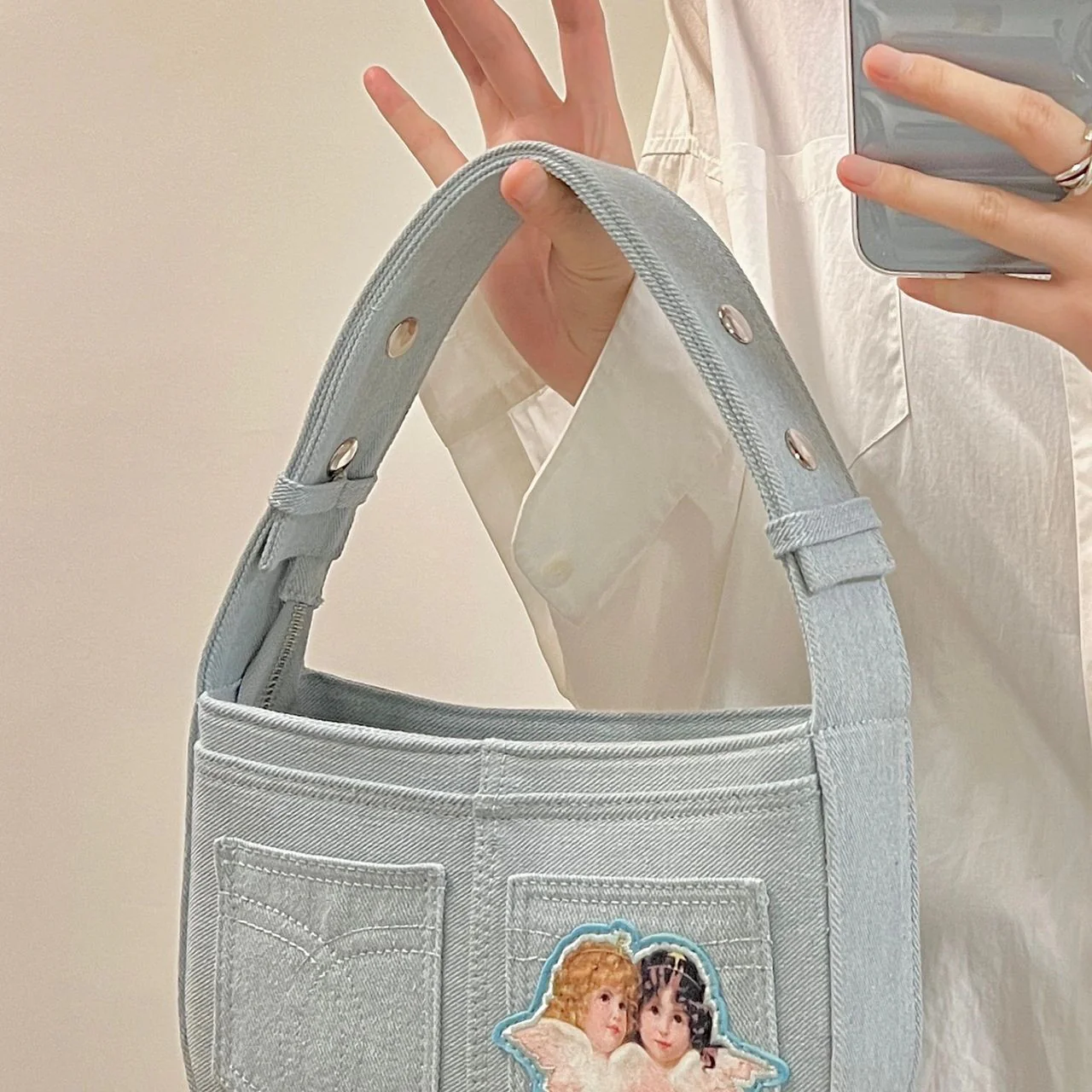 Angel Embroidered Denim Tote   HA1135 - Image 2