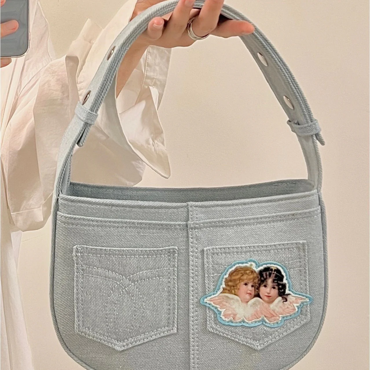 Angel Embroidered Denim Tote   HA1135 - Image 3