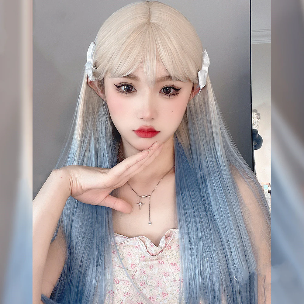 Apricot Gradient Light Blue Long Straight Wig  HA0690 - Image 4