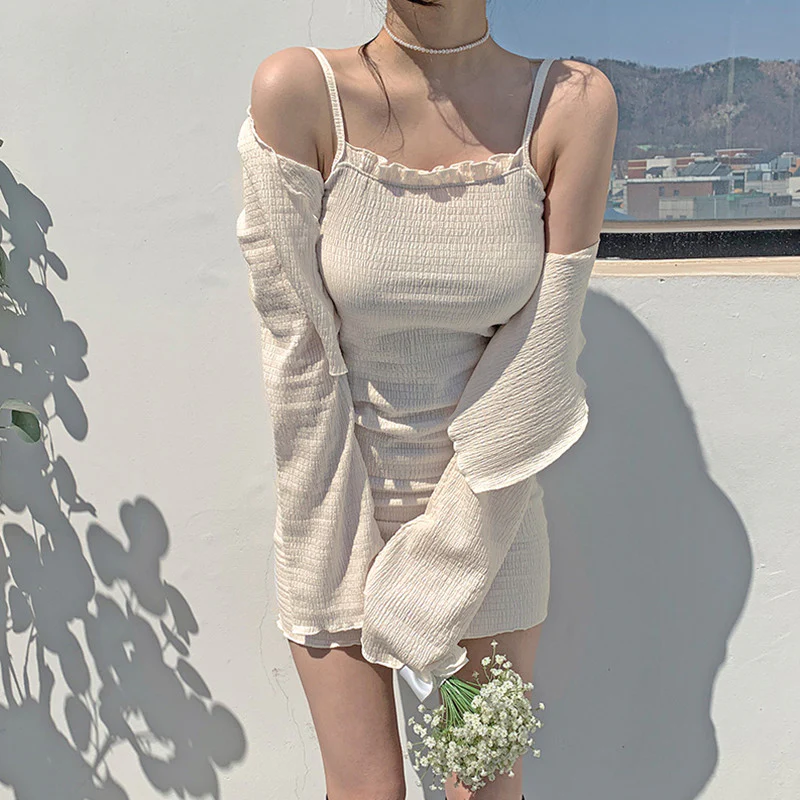Apricot suspender skirt cardigan two-piece set   HA0886 - Image 3
