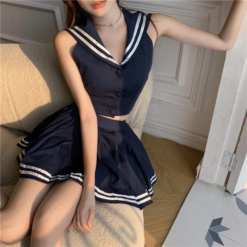 Backless Navy Collar Top Pleated Skirt Two Piece HA1136 - Image 2