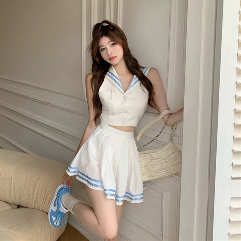 Backless Navy Collar Top Pleated Skirt Two Piece HA1136 - Image 3