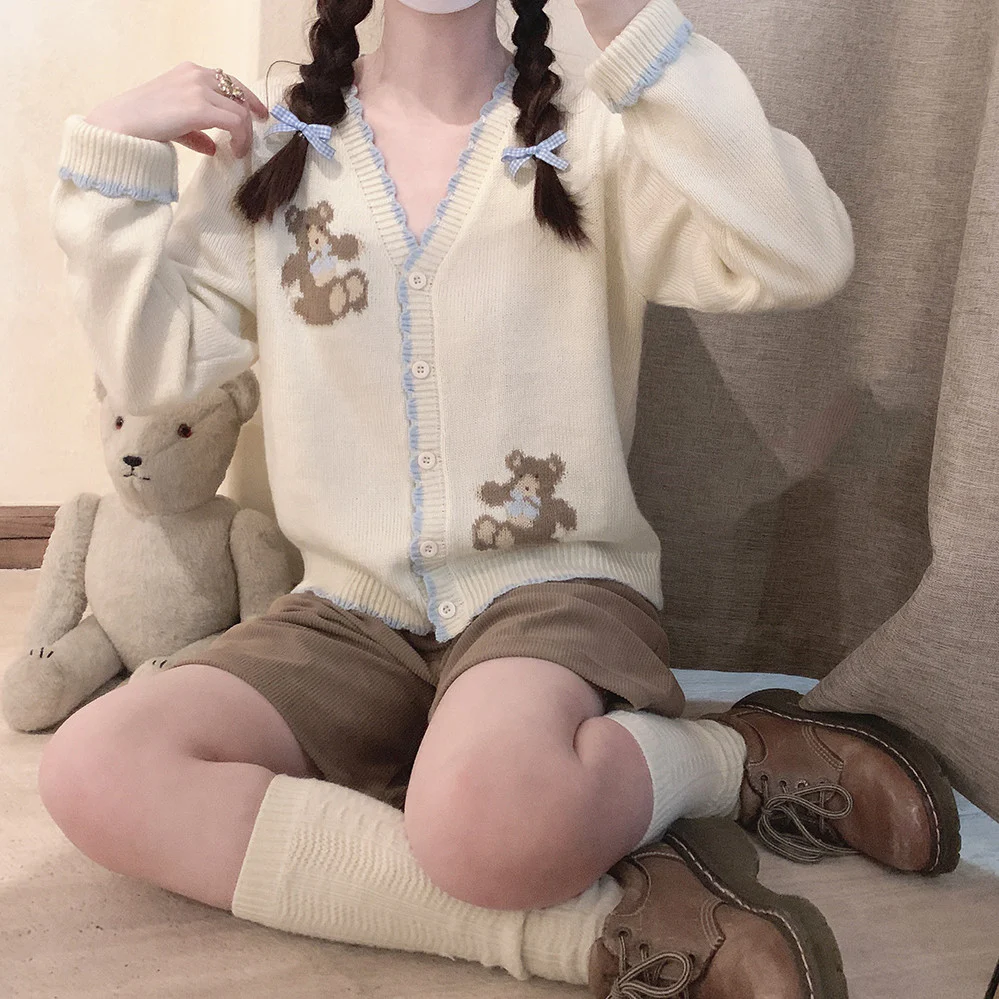 Beige knitted sweater with blue bow  HA0422 - Image 4