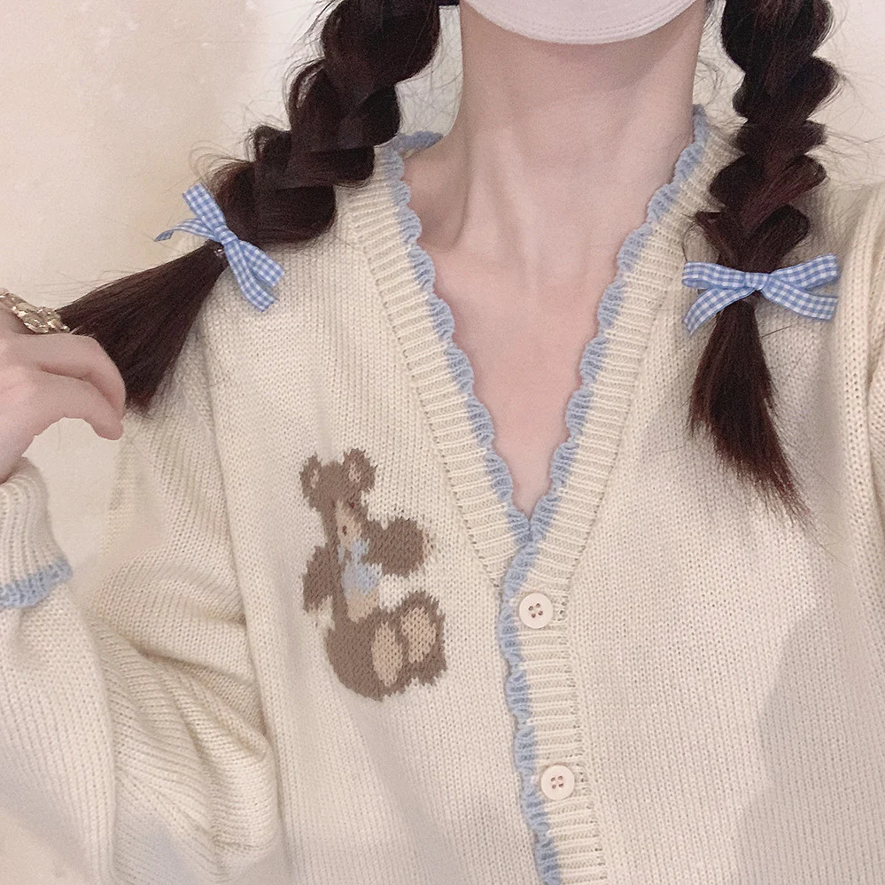 Beige knitted sweater with blue bow  HA0422 - Image 5