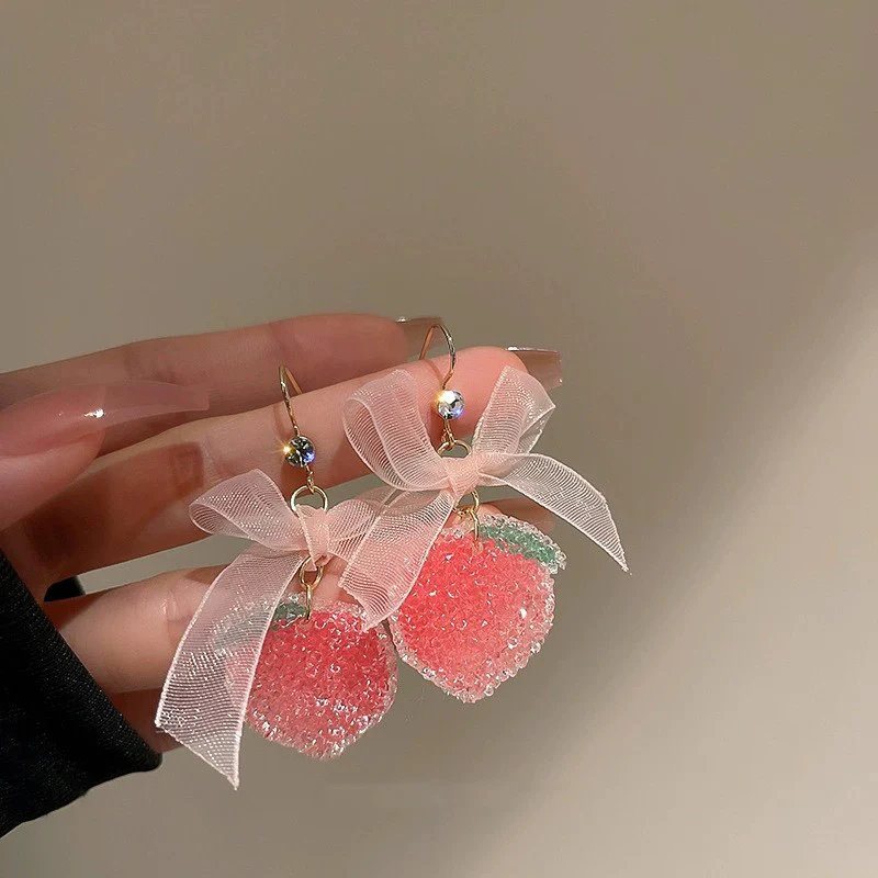 Big Pink Bow Strawberry Earrings   HA1969 - Image 2