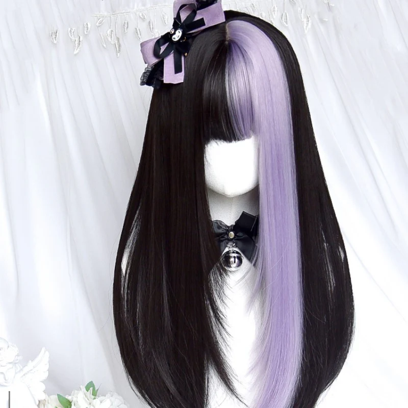 Black and purple color matching long straight wig HA1443 - Image 3