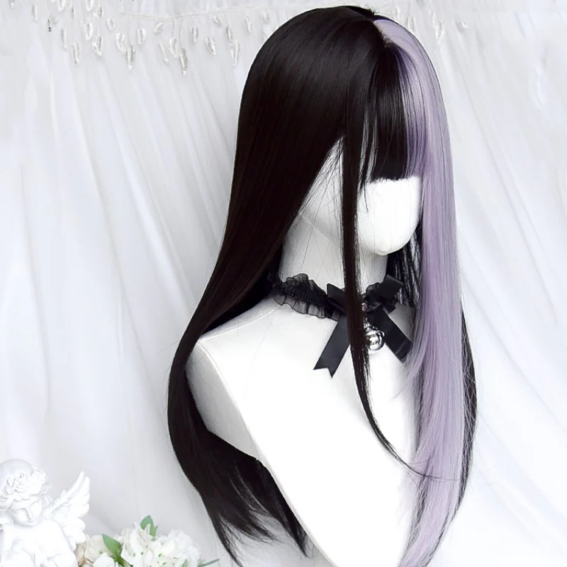 Black and purple color matching long straight wig HA1443 - Image 5