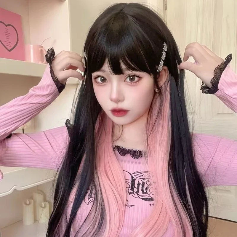 Black Brown Highlighted Rose Pink Long Straight Hair HA1621 - Image 3
