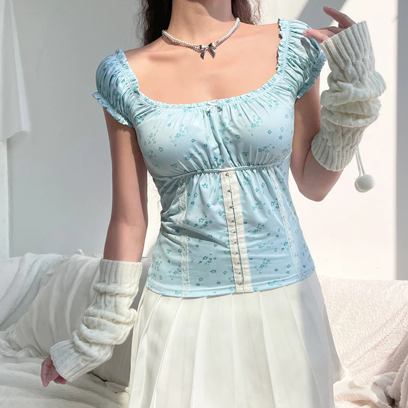 Blue Small Floral Short Sleeve T-Shirt  HA0644 - Image 3