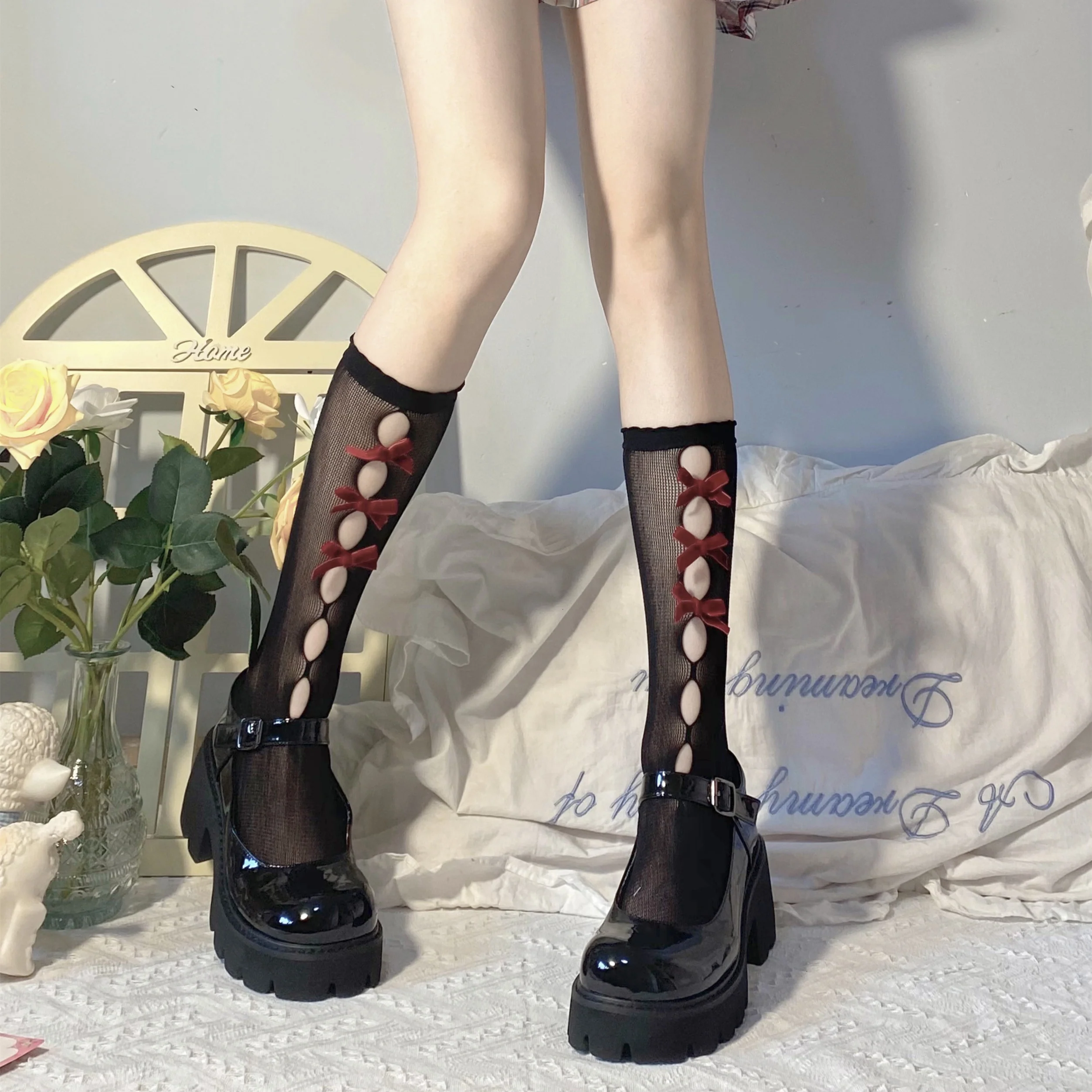 Bow Cutout Black Lace Socks  HA0383 - Image 7