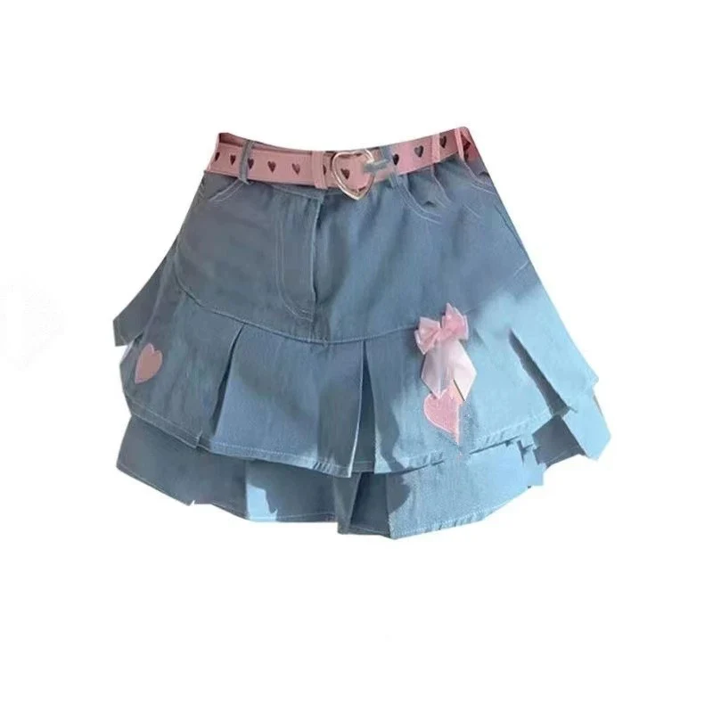 Bow Double Layer Denim Skirt   HA1782 - Image 5