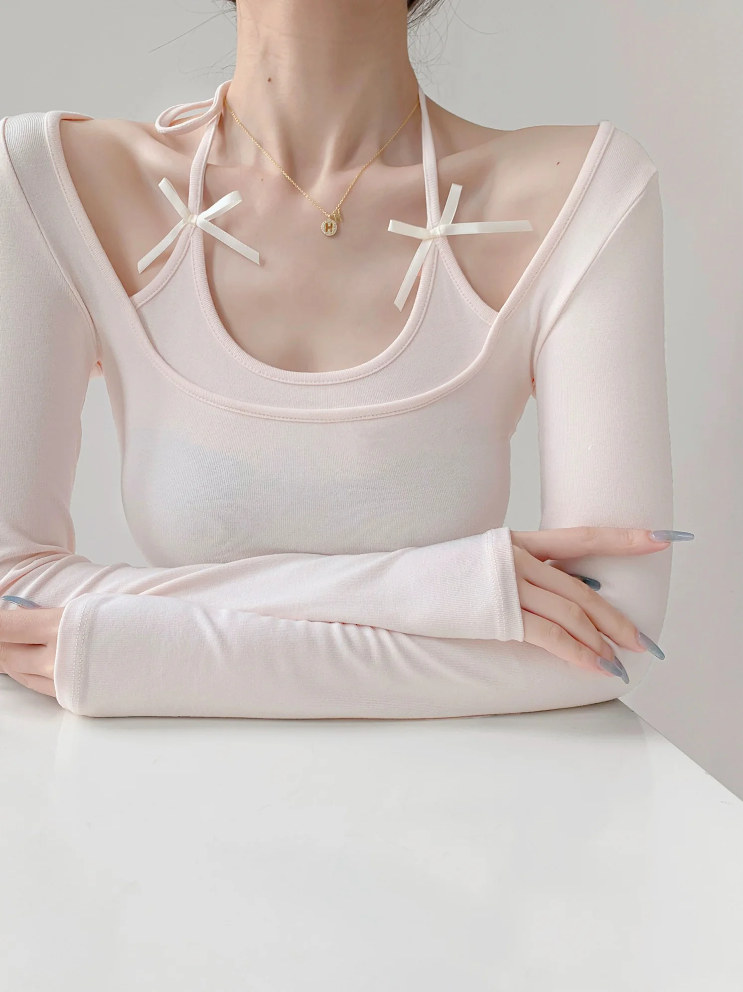 Bow halter neck long-sleeved T-shirt HA2335 - Image 2