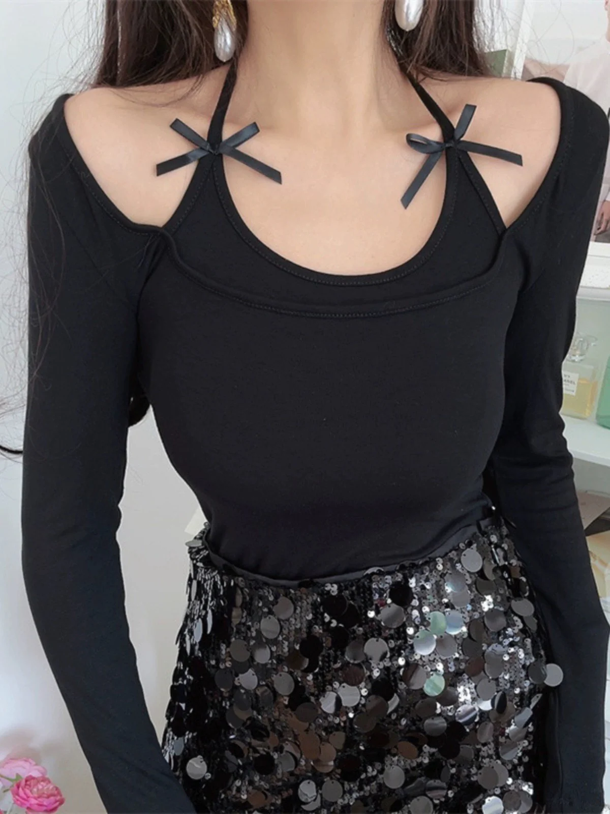 Bow halter neck long-sleeved T-shirt HA2335 - Image 3