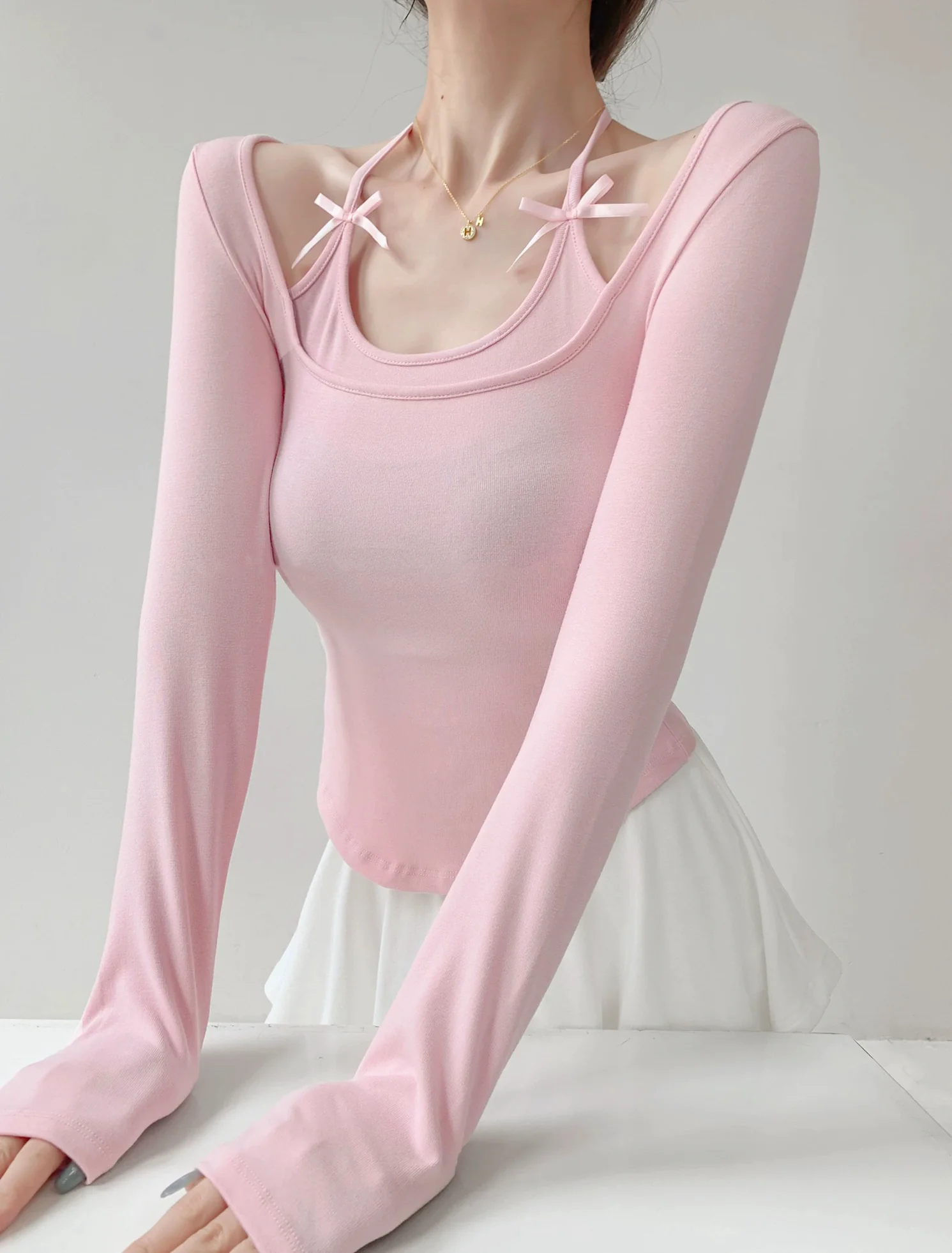 Bow halter neck long-sleeved T-shirt HA2335 - Image 5