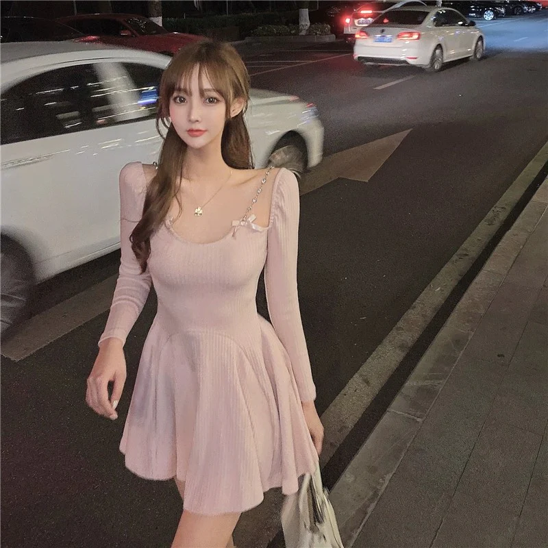 Bow Knot Long Sleeve Waist Knit Dress   HA2131 - Image 2