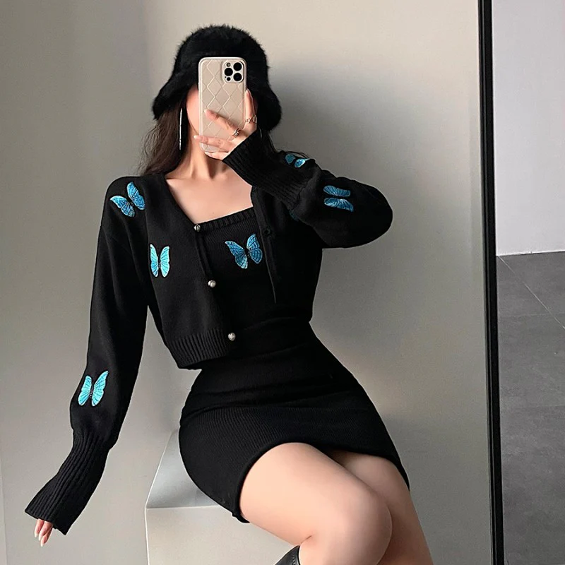 Butterfly Embroidered Cardigan Bag Dress Two-Piece Set    HA1401 - Image 2