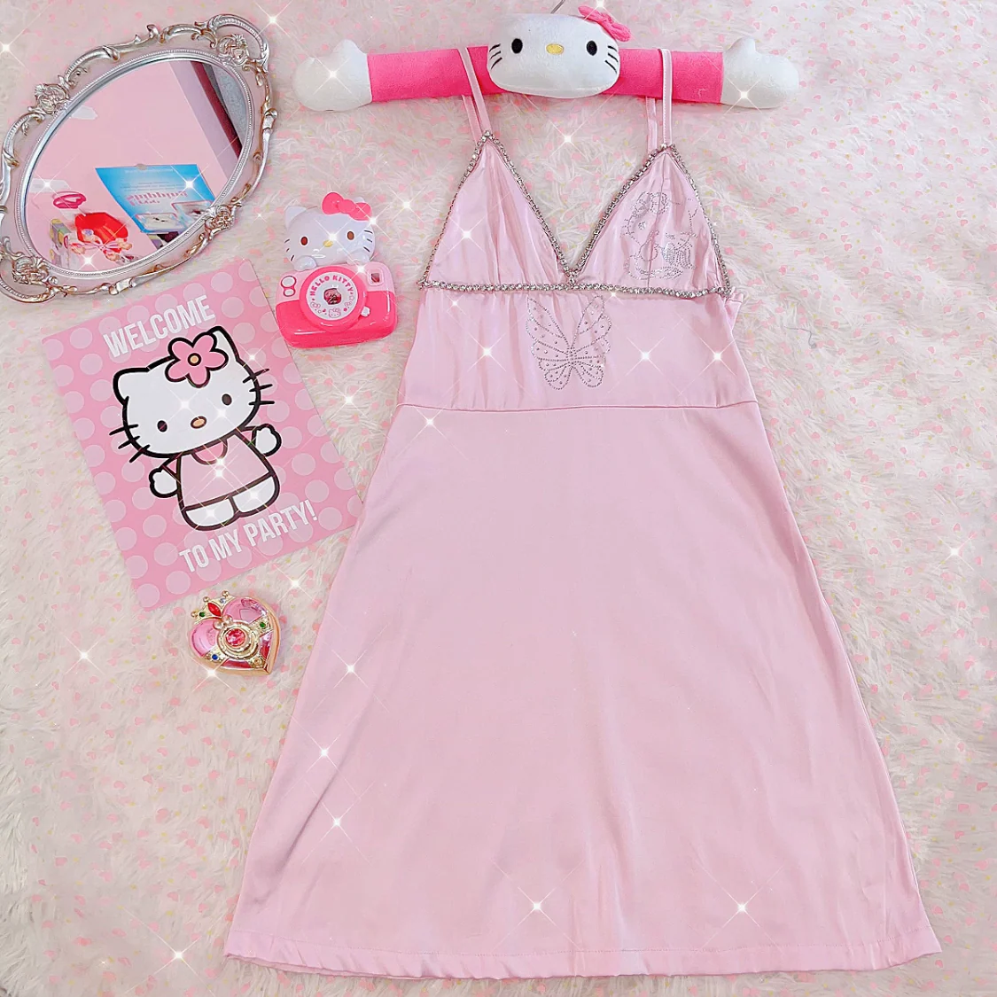 Butterfly rhinestone pink suspender dress HA2461 - Image 2