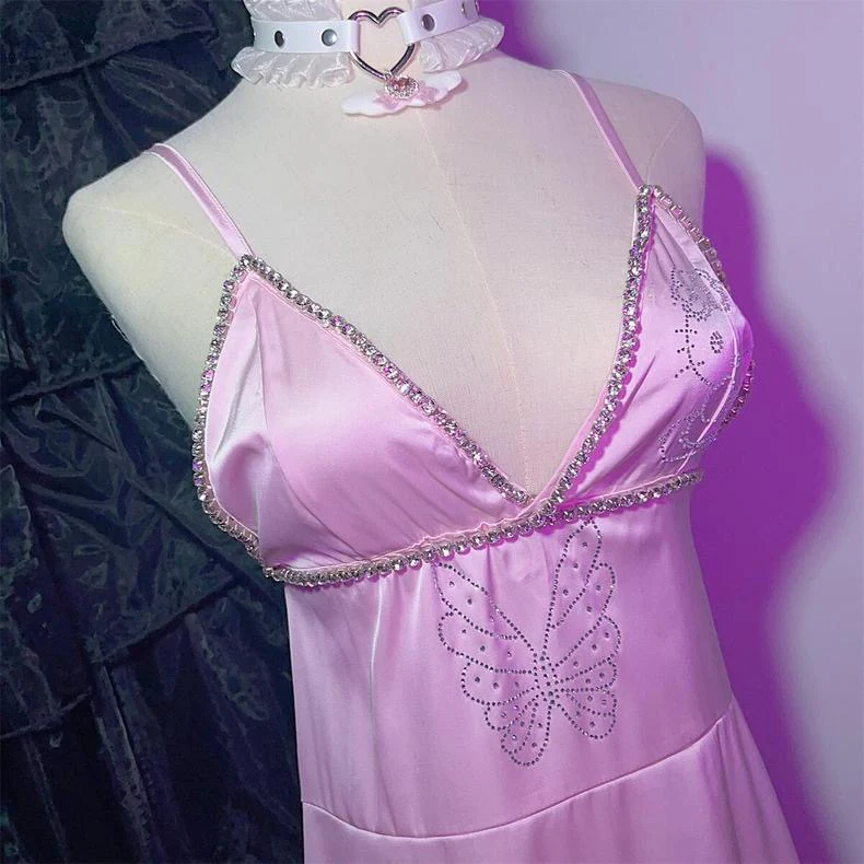 Butterfly rhinestone pink suspender dress HA2461 - Image 3