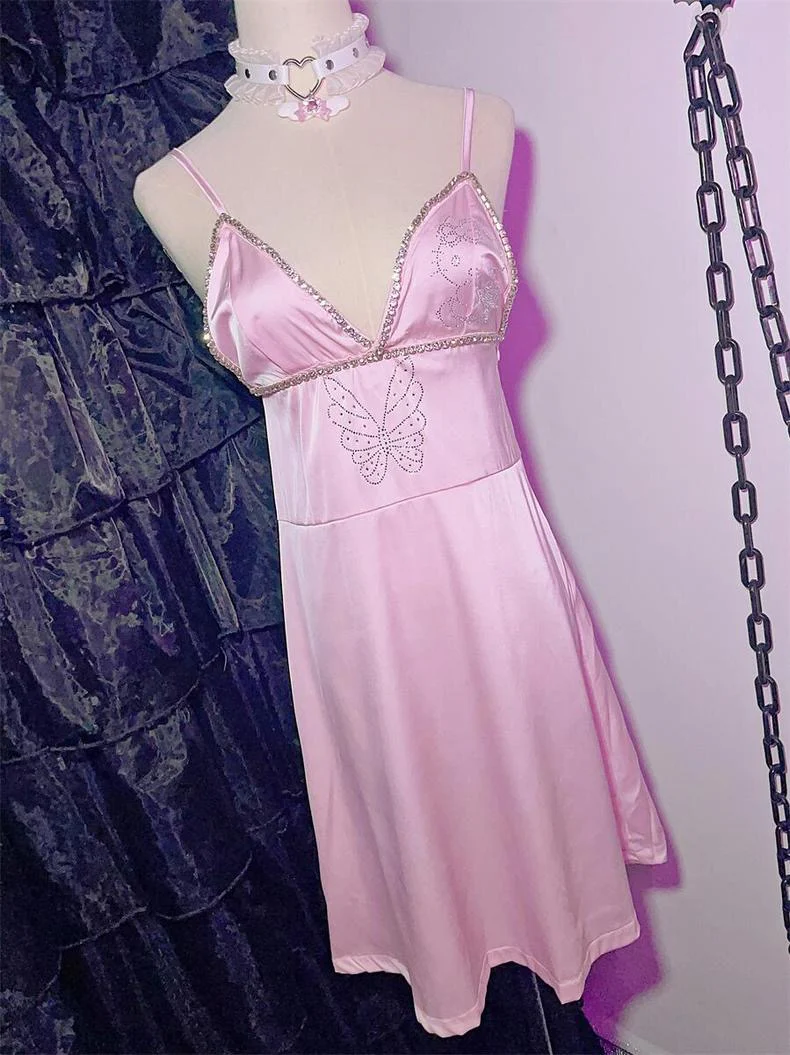 Butterfly rhinestone pink suspender dress HA2461 - Image 9