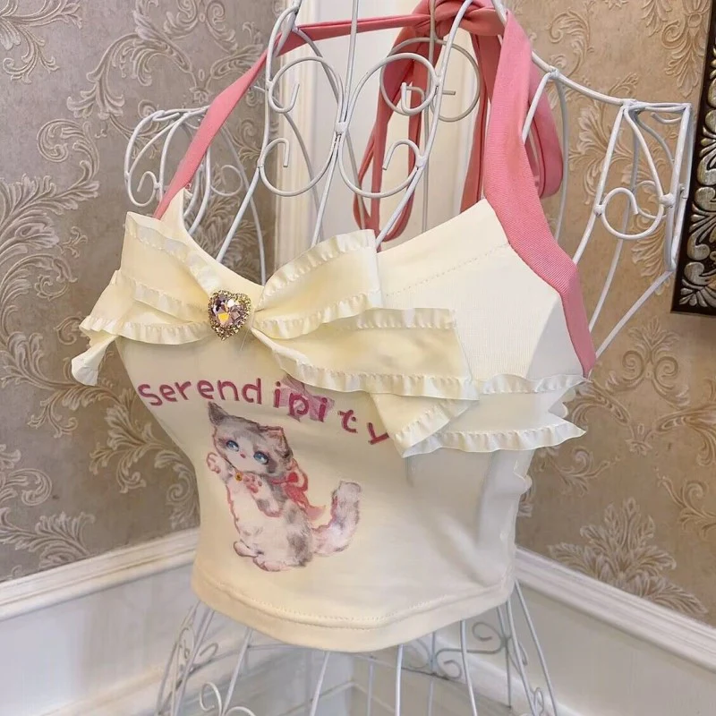 Cat Print Bow Heart Halter Vest HA1873 - Image 2