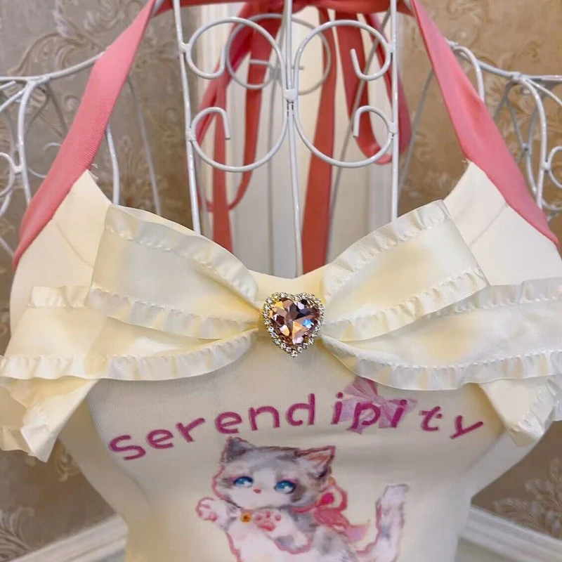 Cat Print Bow Heart Halter Vest HA1873 - Image 4