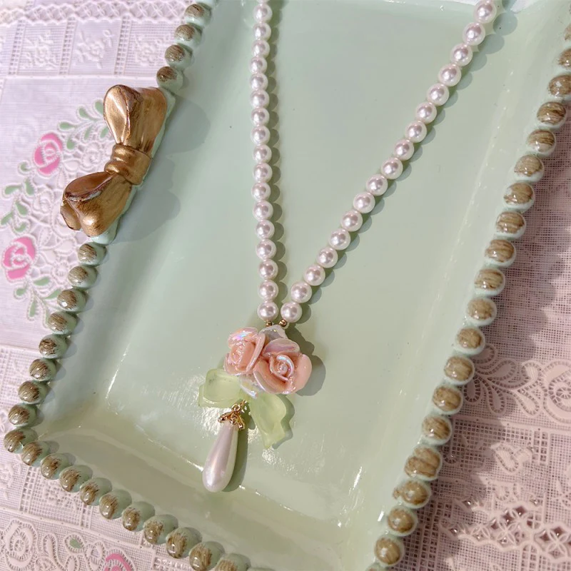 Ceramic Rose Pearl Necklace Earrings   HA1842 - Image 2