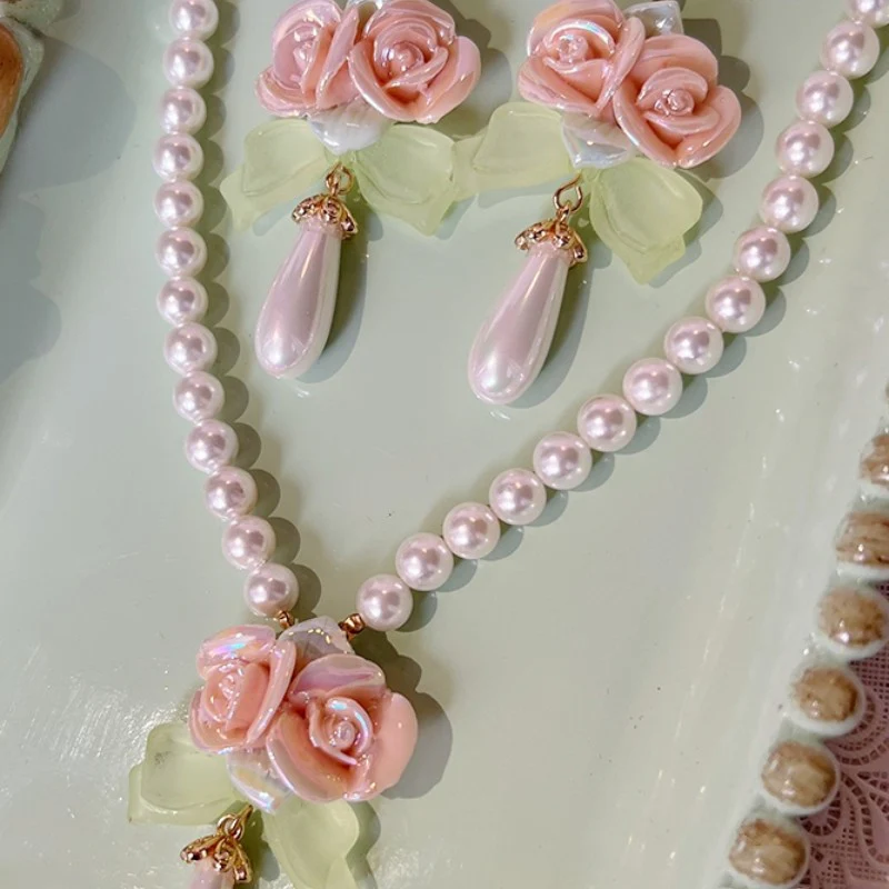 Ceramic Rose Pearl Necklace Earrings   HA1842 - Image 4