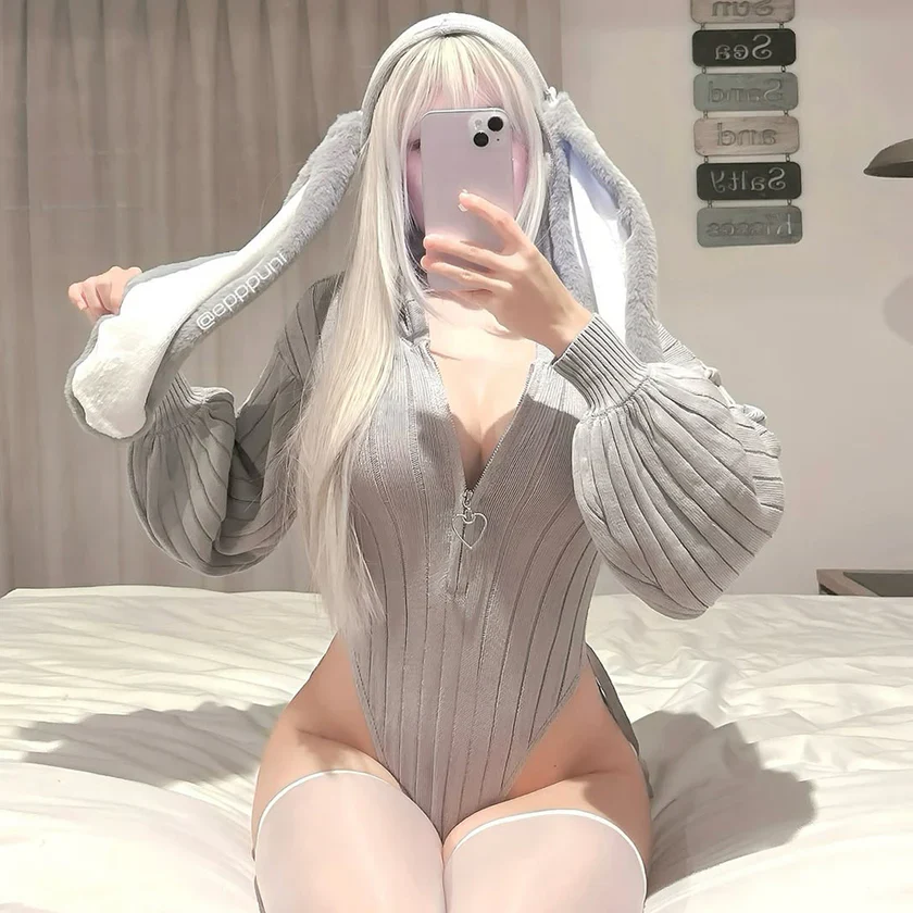 Chic Grey Bunny Ear Hoodie Bodysuit KO64 - Image 12