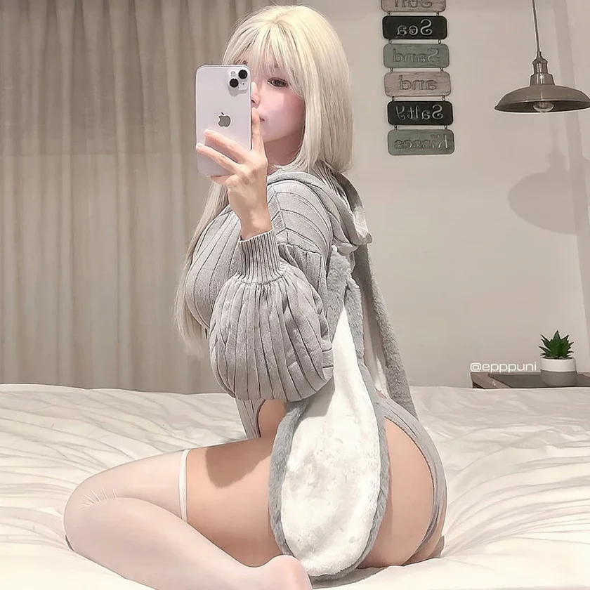 Chic Grey Bunny Ear Hoodie Bodysuit KO64 - Image 13