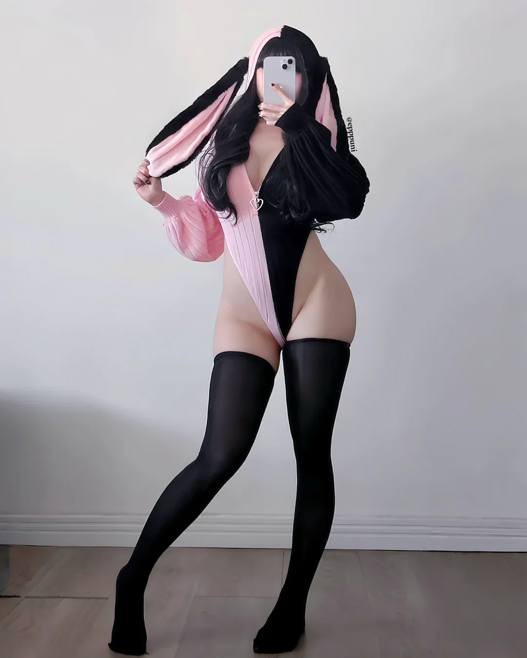 Chic Grey Bunny Ear Hoodie Bodysuit KO64 - Image 17