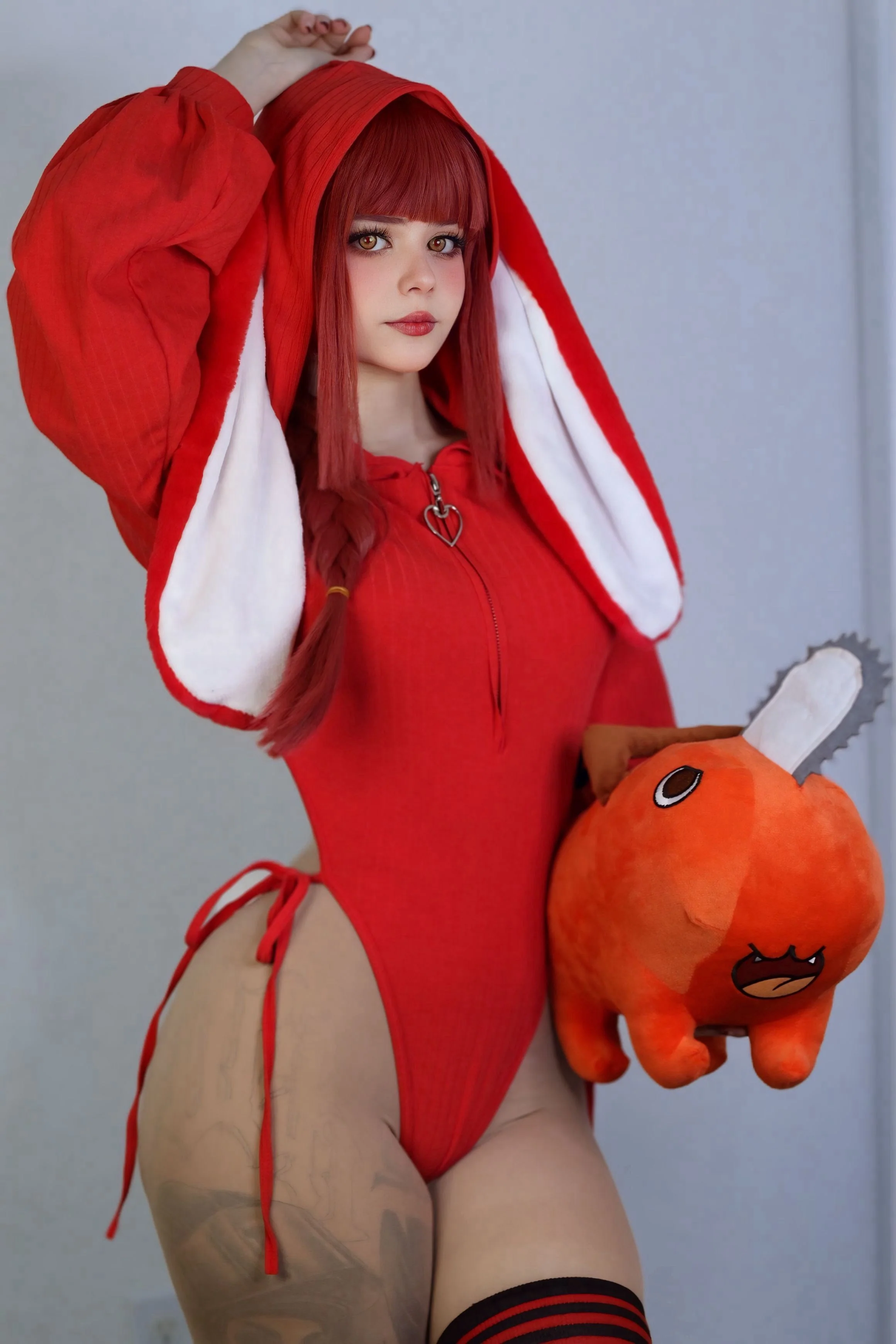 Chic Grey Bunny Ear Hoodie Bodysuit KO64 - Image 24