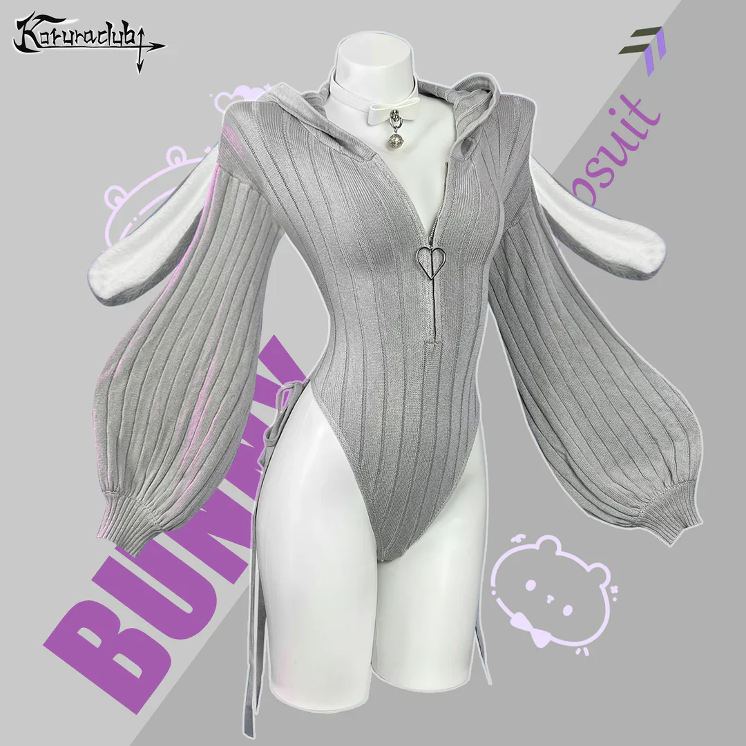 Chic Grey Bunny Ear Hoodie Bodysuit KO64 - Image 5