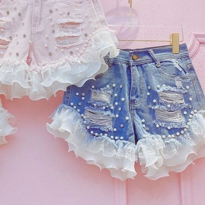 Chiffon lace ripped jeans HA1840 - Image 3