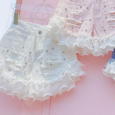 Chiffon lace ripped jeans HA1840 - Image 4