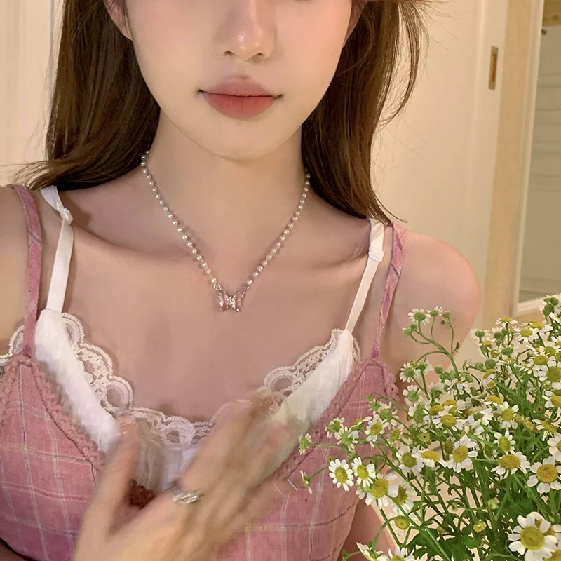Crystal Butterfly Pearl Necklace HA2157 - Image 3