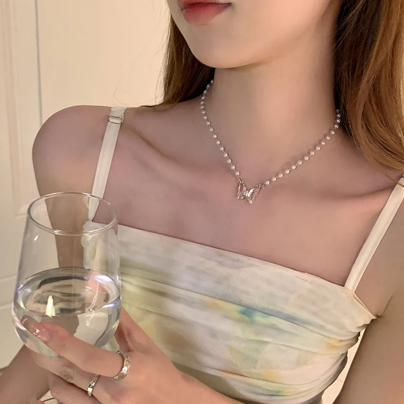 Crystal Butterfly Pearl Necklace HA2157 - Image 4