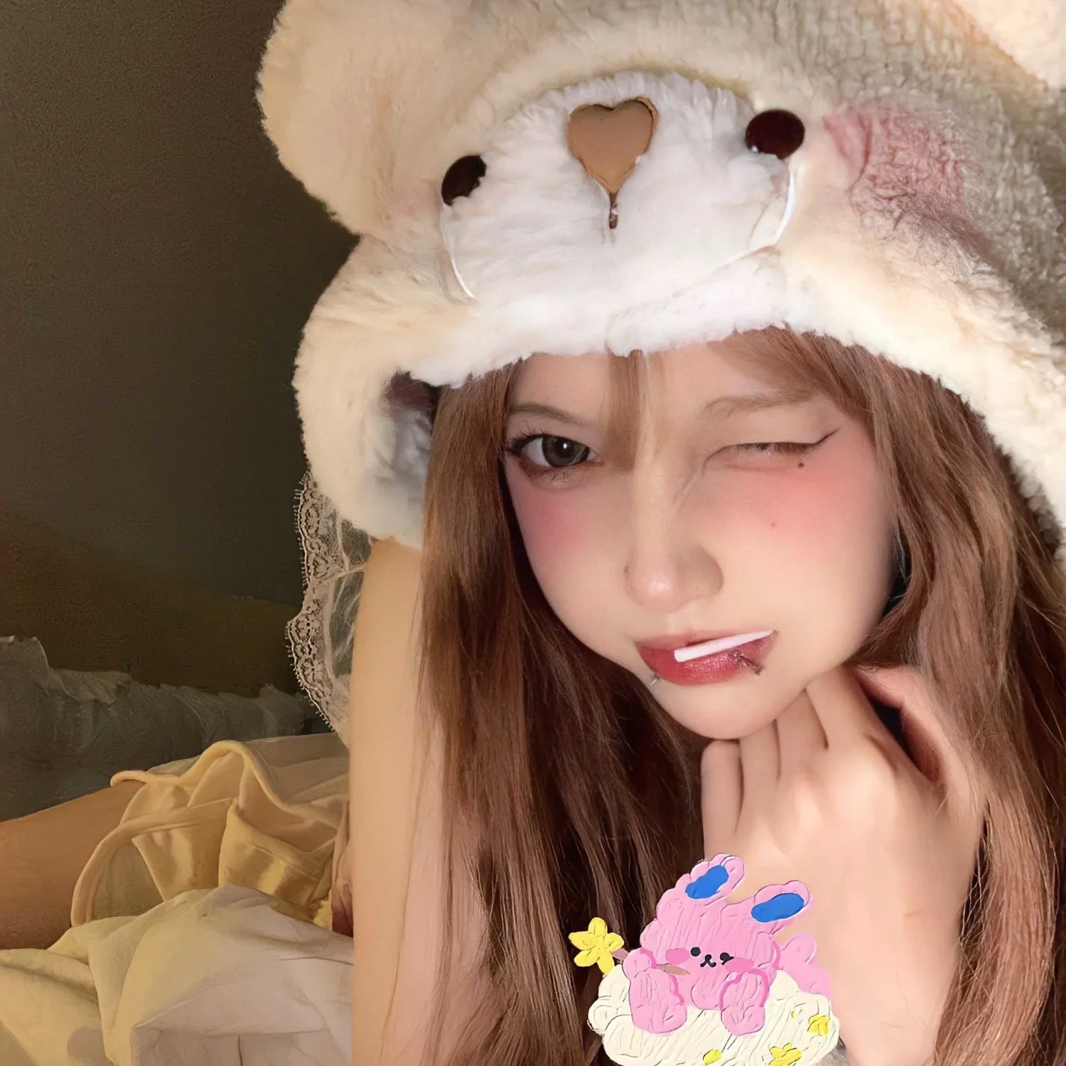 Cute Blush Bear Ears Plush Hat  HA1427 - Image 2