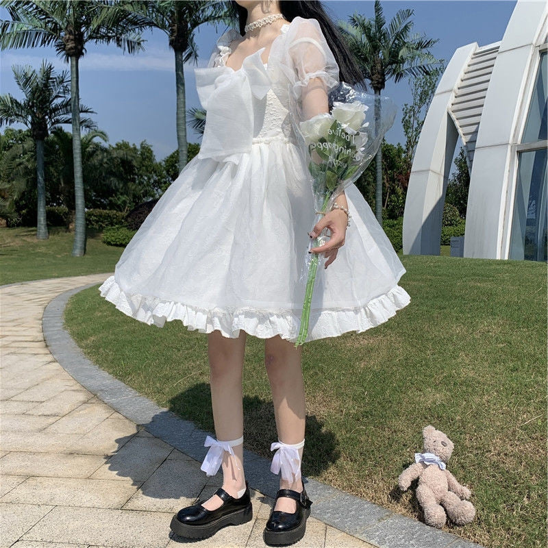 Cute Bow Puff Sleeve Fairy Dress    HA0353 - Image 2