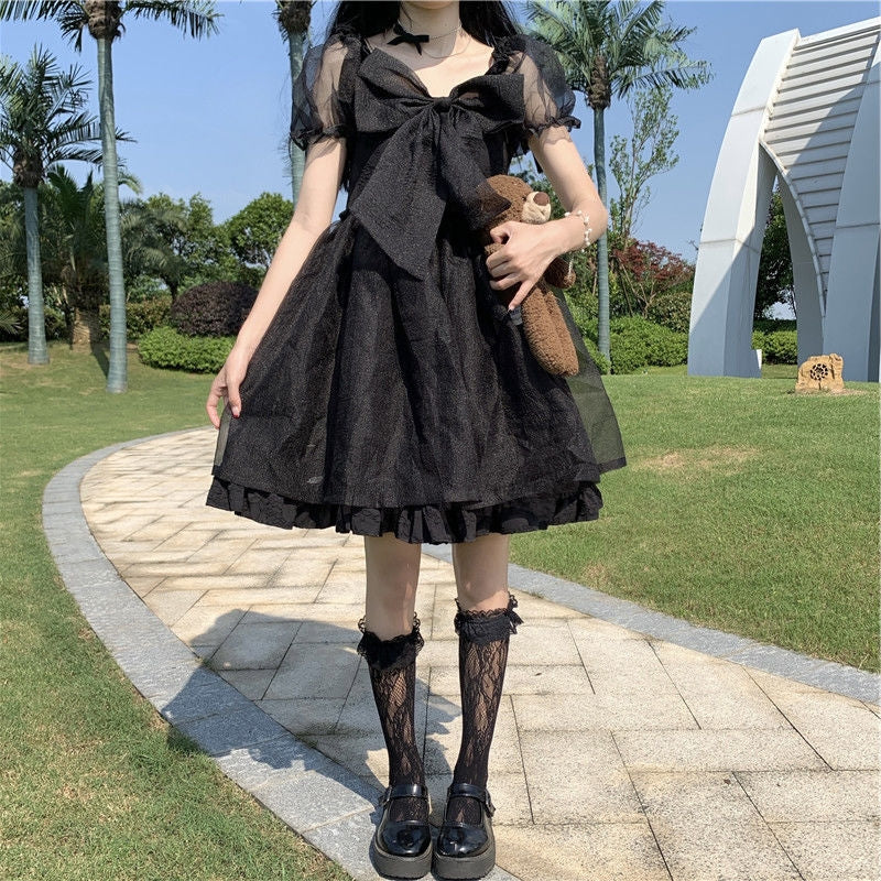 Cute Bow Puff Sleeve Fairy Dress    HA0353 - Image 4