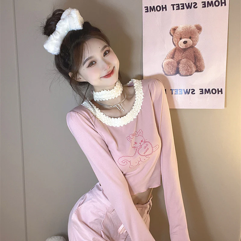 Cute Cat Patchwork Long Sleeve T-Shirt HA1199 - Image 3