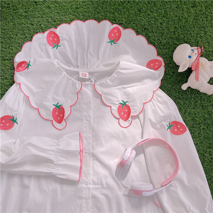 Cute Strawberry Embroidered Shirt HA1132 - Image 3