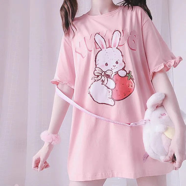 Cute Strawberry Rabbit Lace T-Shirt   HA0547 - Image 2