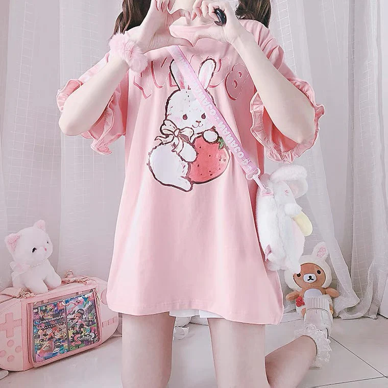 Cute Strawberry Rabbit Lace T-Shirt   HA0547 - Image 3
