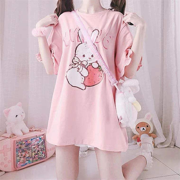 Cute Strawberry Rabbit Lace T-Shirt   HA0547 - Image 5