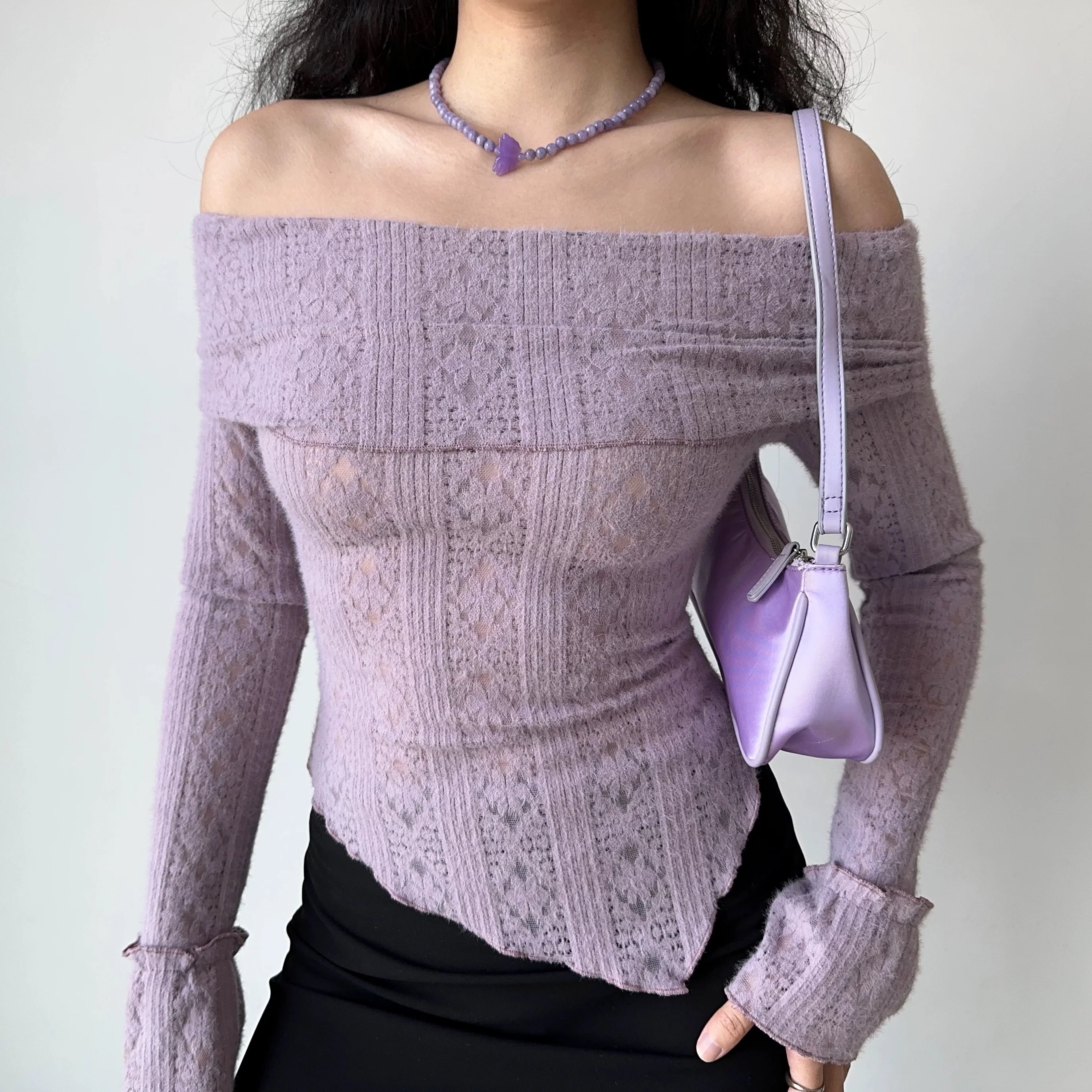 Cutout Off-Shoulder Knit Long-Sleeved T-Shirt HA2968 - Image 3