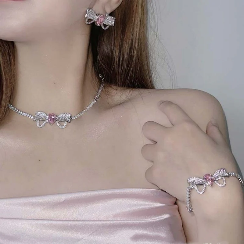 Delicate Pink Diamond Earrings Necklace Bracelet   HA1289 - Image 3
