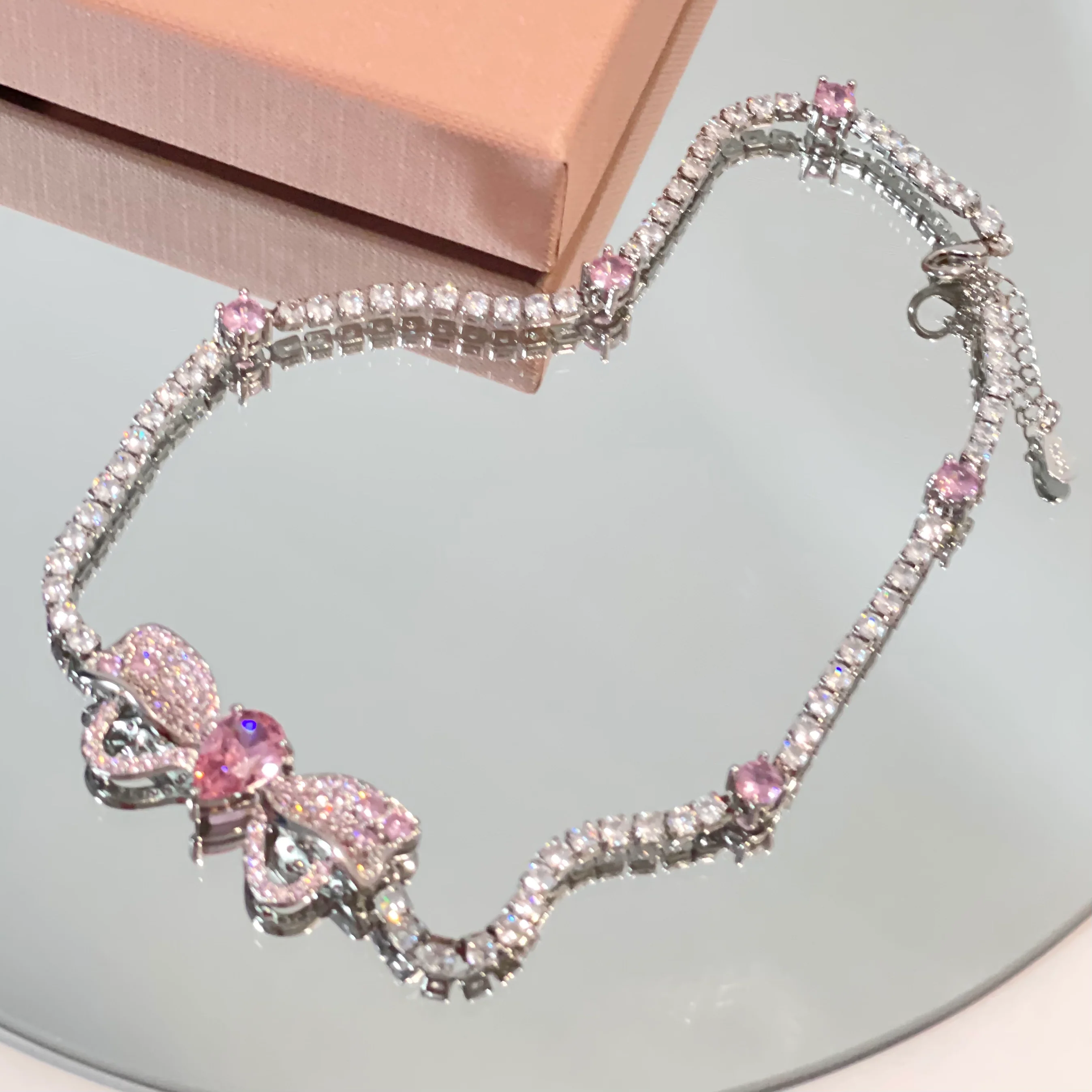 Delicate Pink Diamond Earrings Necklace Bracelet   HA1289 - Image 8