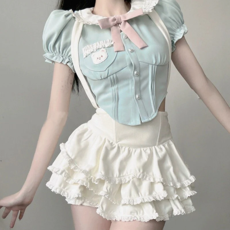 Doll collar top suspenders cake skirt sweet two-piece set   HA1955 - Image 2