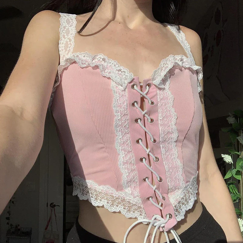 Dreamy Pink Lace Sling Waist Top   HA1077 - Image 2