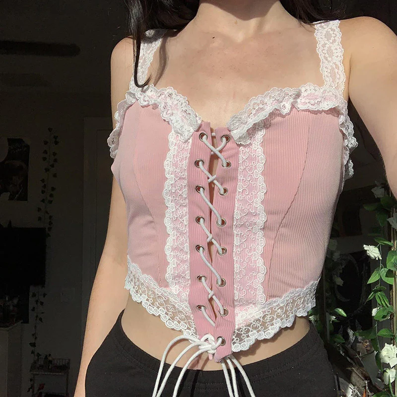 Dreamy Pink Lace Sling Waist Top   HA1077 - Image 3